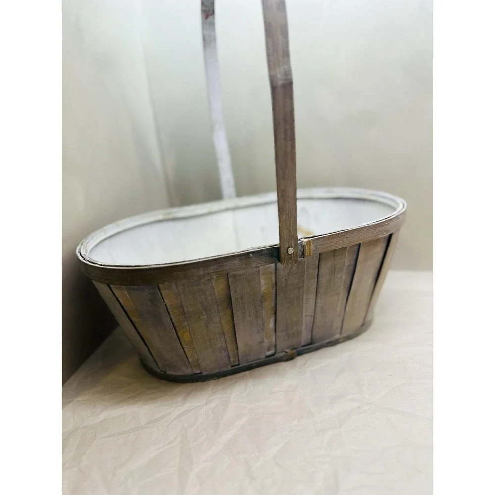 Vintage Hand Painted Basket Yellow Floral Handle Large Whitewashed Split Wood